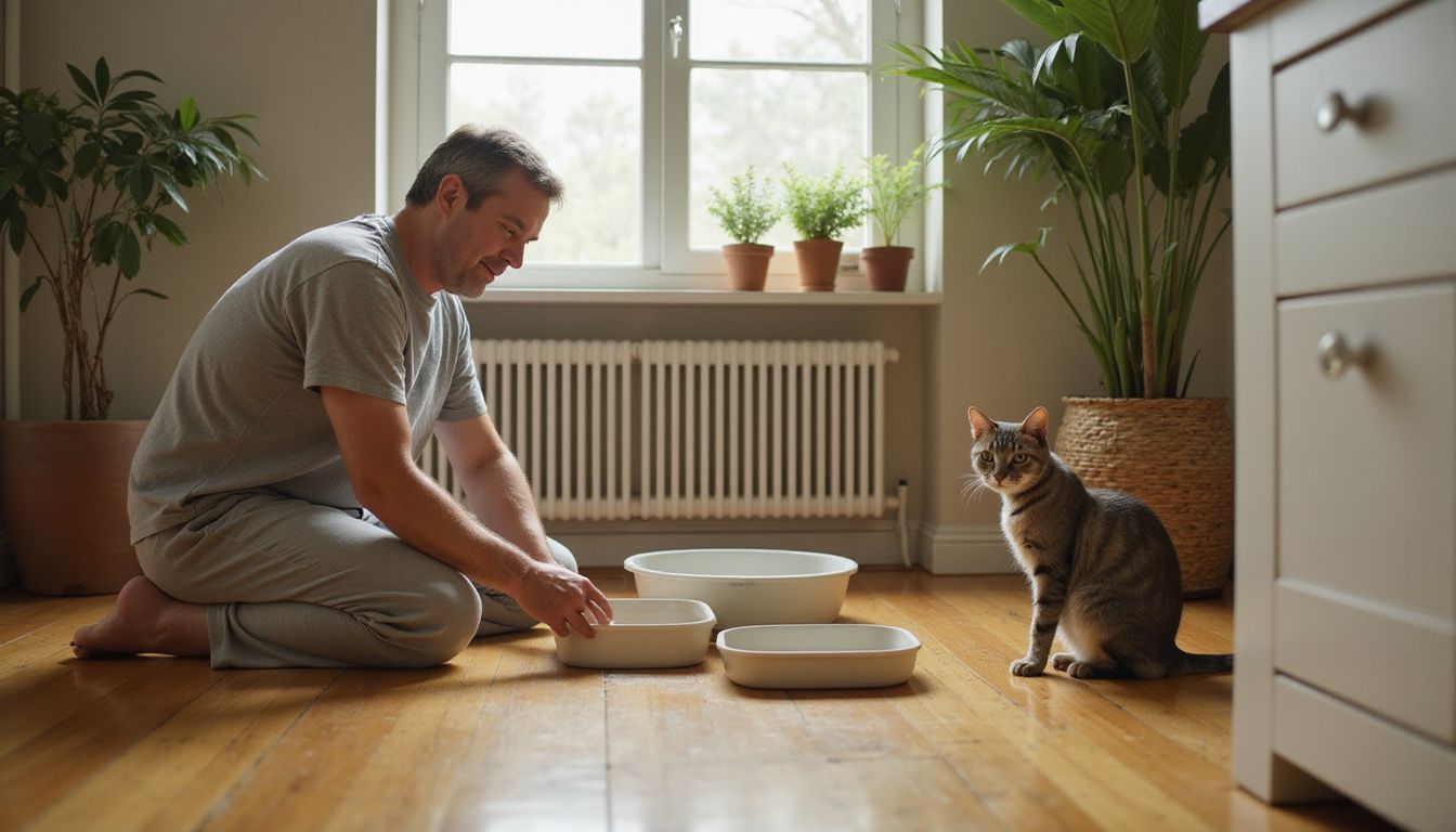 A middle-aged person kneels beside three litter boxes, inspecting them while a calm cat observes nearby in a cozy living room. A middle-aged person kneels beside three litter boxes, inspecting them while a calm cat observes nearby in a cozy living room.