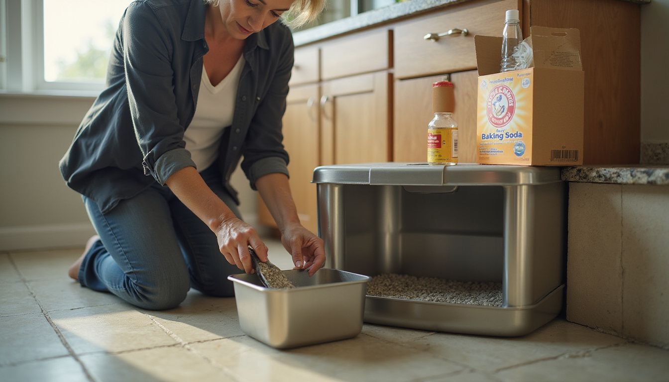 A middle-aged woman kneels on bathroom tiles, cleaning a litter box with a worn metal scoop. A middle-aged woman kneels on bathroom tiles, cleaning a litter box with a worn metal scoop.