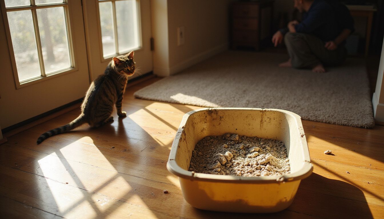 A weary person stands beside a deteriorated litter box, while a tense tabby cat avoids eye contact. A weary person stands beside a deteriorated litter box, while a tense tabby cat avoids eye contact.