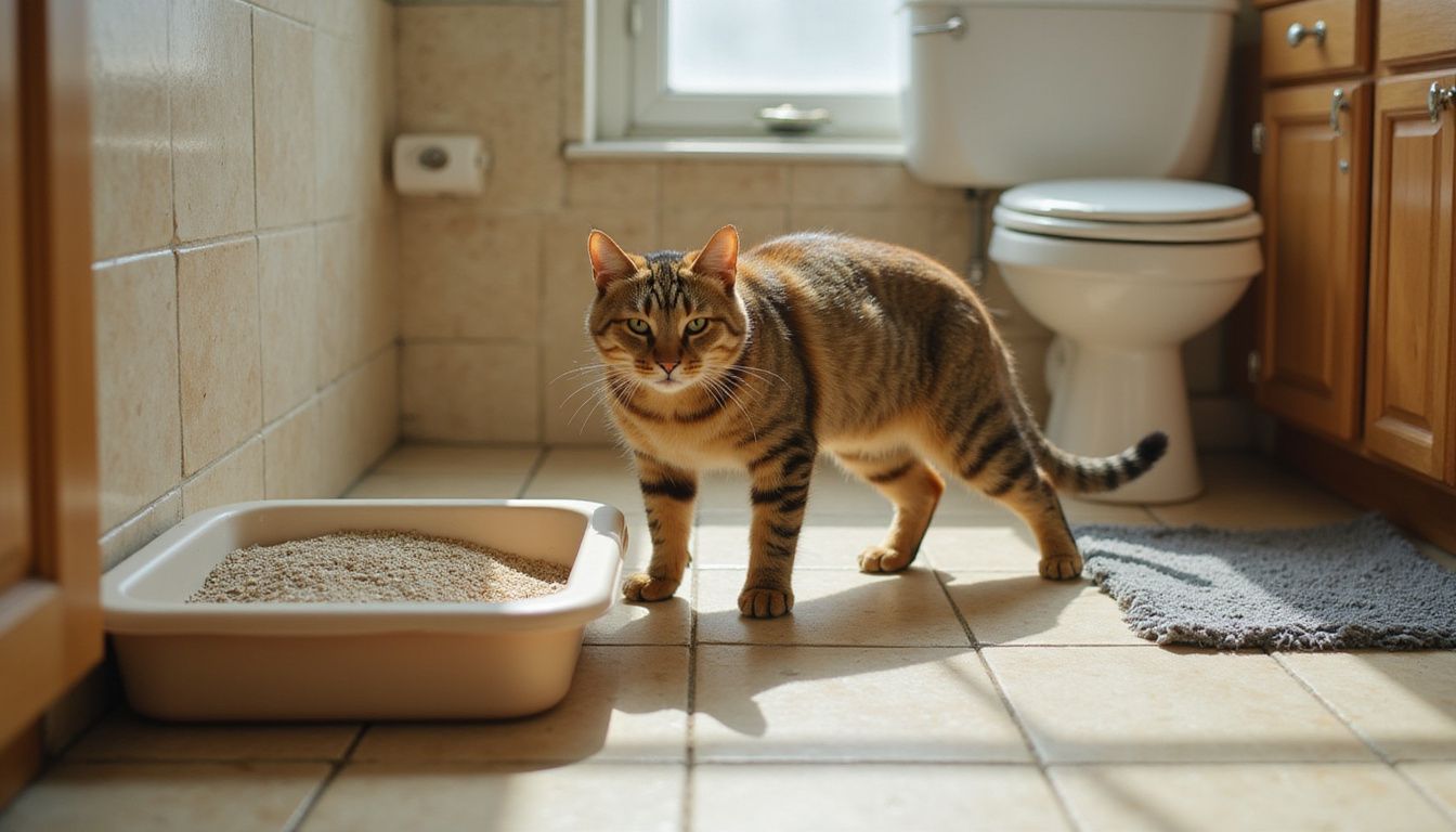 A tense tabby cat stands beside an open litter box, displaying anxiety with its body language and expressions. A tense tabby cat stands beside an open litter box, displaying anxiety with its body language and expressions.