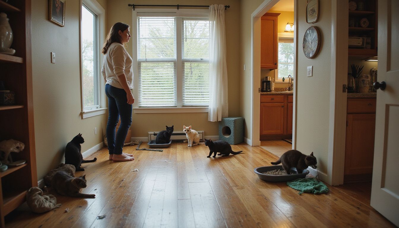 A woman enjoys a relaxed moment observing her four cats in a cozy, lived-in living room filled with pet accessories. A woman enjoys a relaxed moment observing her four cats in a cozy, lived-in living room filled with pet accessories.