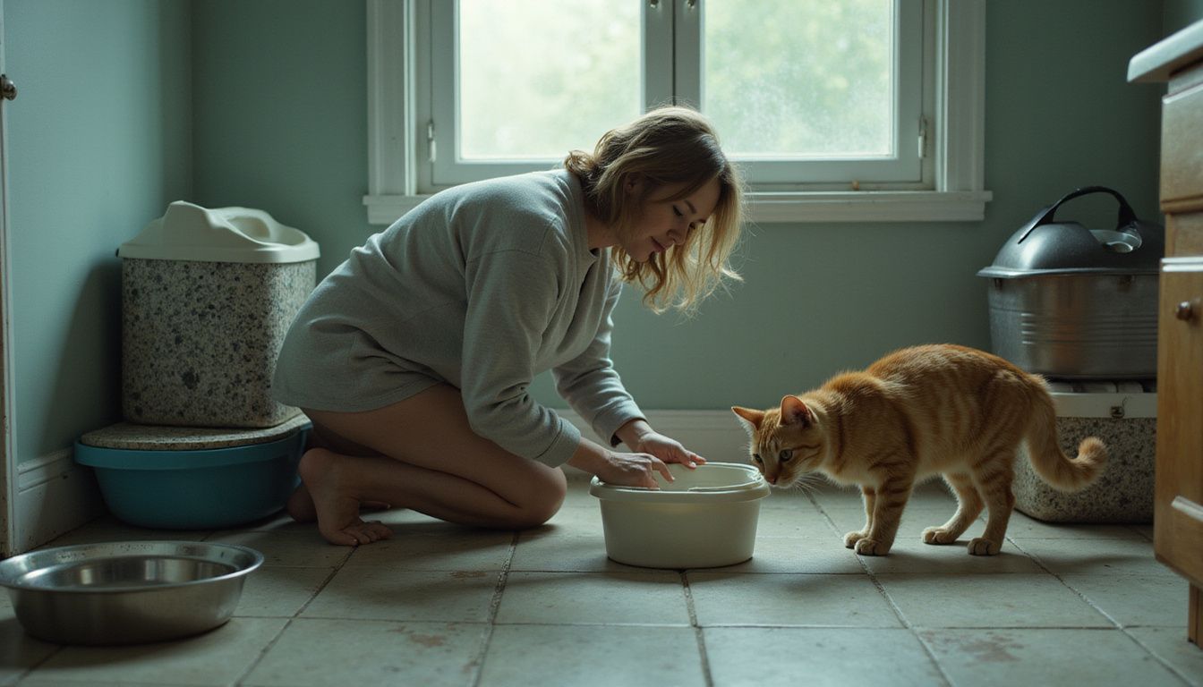 A middle-aged woman tends to a litter box in a lived-in bathroom while an orange tabby cat observes her. A middle-aged woman tends to a litter box in a lived-in bathroom while an orange tabby cat observes her.