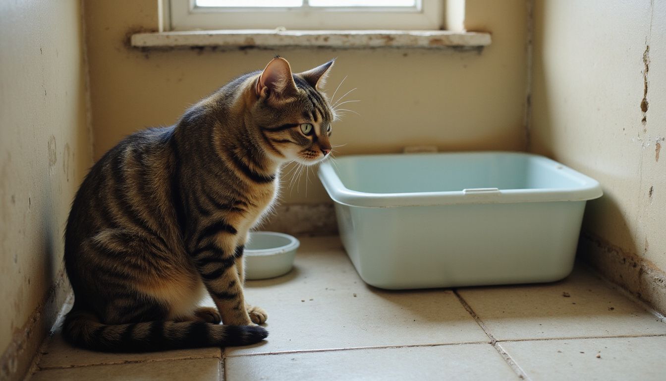 A distressed tabby cat sits beside an empty litter box, displaying signs of acute anxiety and reluctance. A distressed tabby cat sits beside an empty litter box, displaying signs of acute anxiety and reluctance.
