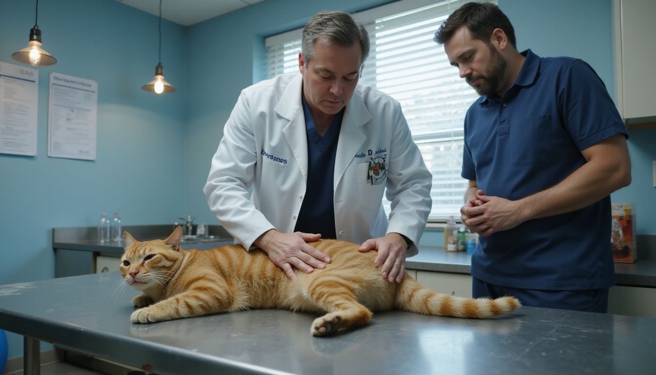 A veterinarian examines a distressed orange tabby cat on a stainless steel table, while an anxious owner watches nearby. A veterinarian examines a distressed orange tabby cat on a stainless steel table, while an anxious owner watches nearby.