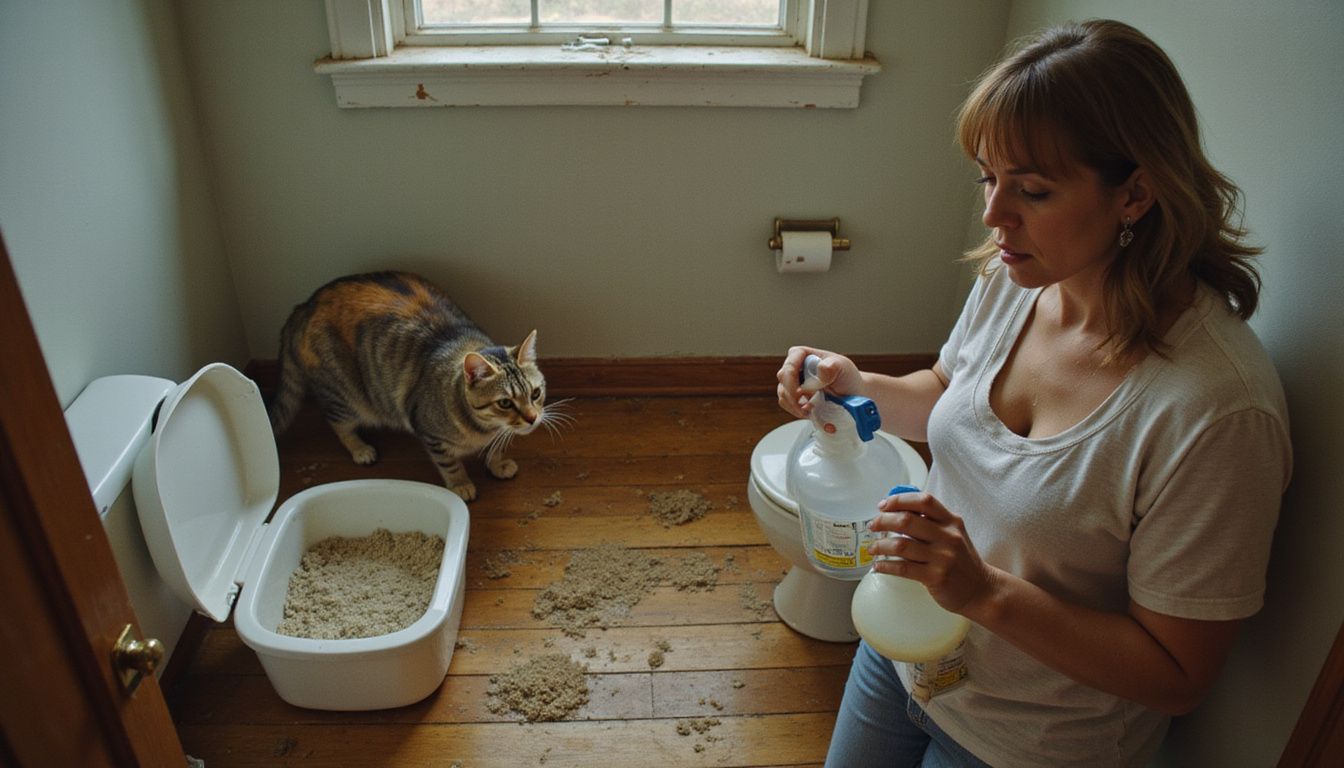 A concerned woman holds cleaning supplies while a distressed tabby cat avoids a messy litter box in the bathroom. A concerned woman holds cleaning supplies while a distressed tabby cat avoids a messy litter box in the bathroom.