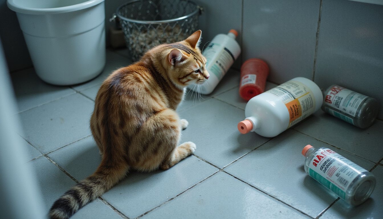 A stressed tabby cat is positioned near a messy litter box amidst scattered cleaning products and a tipped waste basket. A stressed tabby cat is positioned near a messy litter box amidst scattered cleaning products and a tipped waste basket.