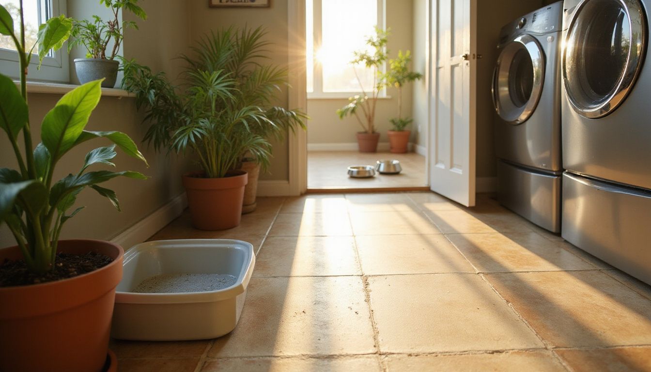 A serene laundry room corner features a ceramic litter box, plants, and seamless transitions between hardwood and tile flooring. A serene laundry room corner features a ceramic litter box, plants, and seamless transitions between hardwood and tile flooring.