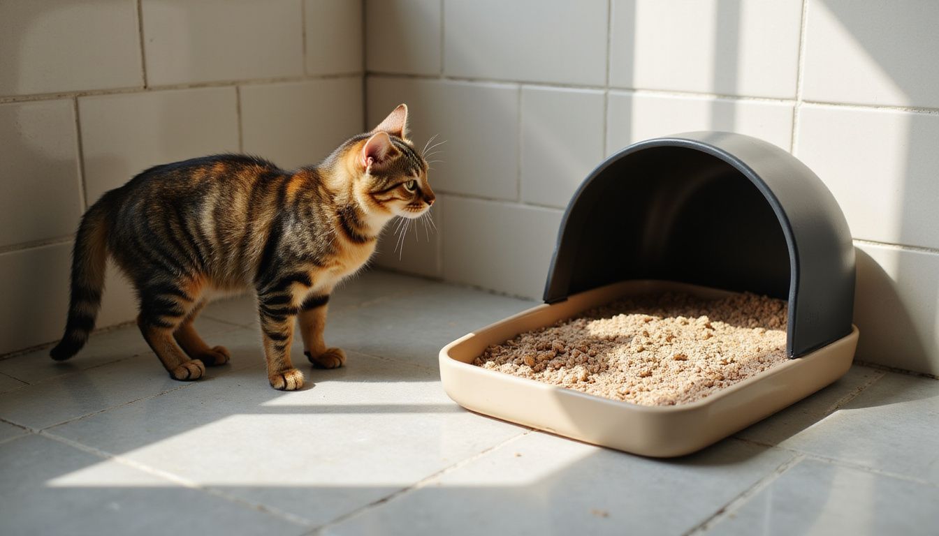 A cautious tabby cat weighs its options between an open litter box and a dark, enclosed one. A cautious tabby cat weighs its options between an open litter box and a dark, enclosed one.