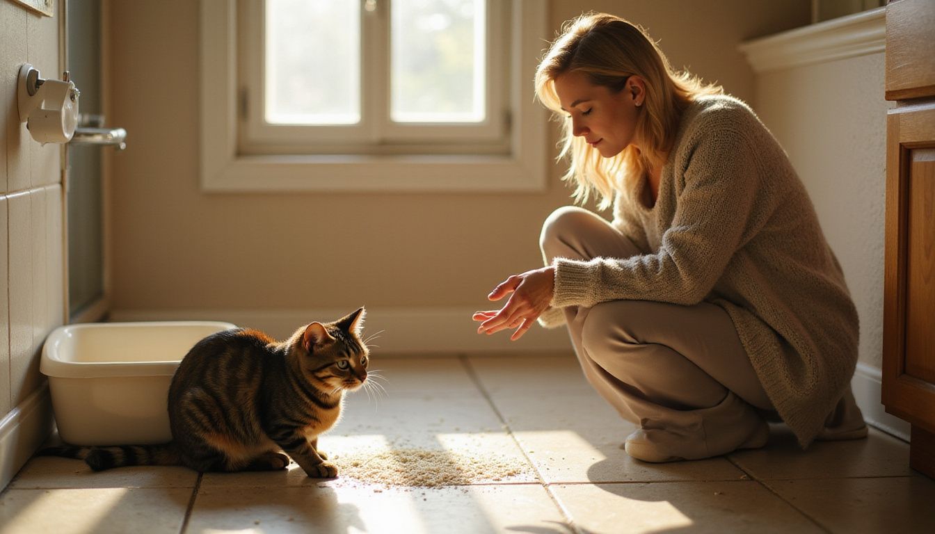 A middle-aged woman gently interacts with a calm tabby cat beside a litter box in a cozy bathroom. A middle-aged woman gently interacts with a calm tabby cat beside a litter box in a cozy bathroom.
