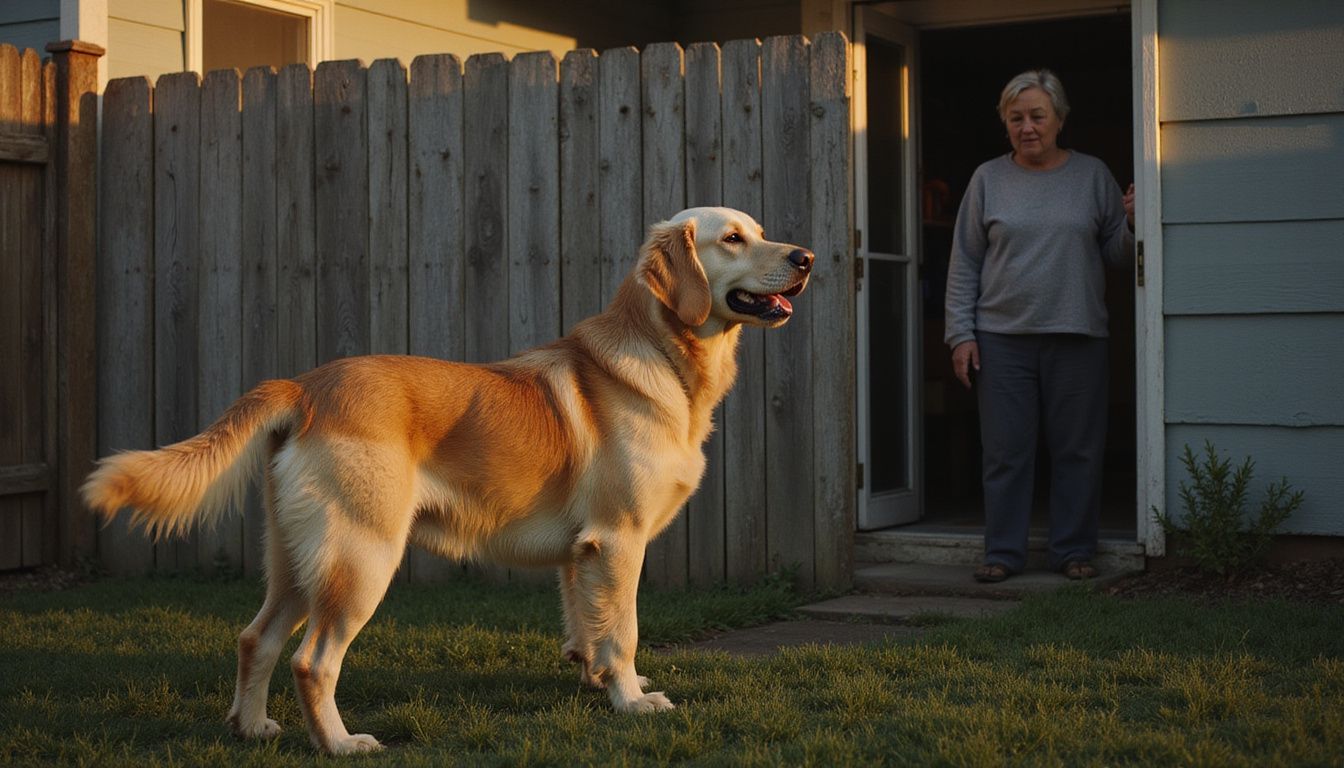 A golden retriever barks in a suburban backyard at twilight.