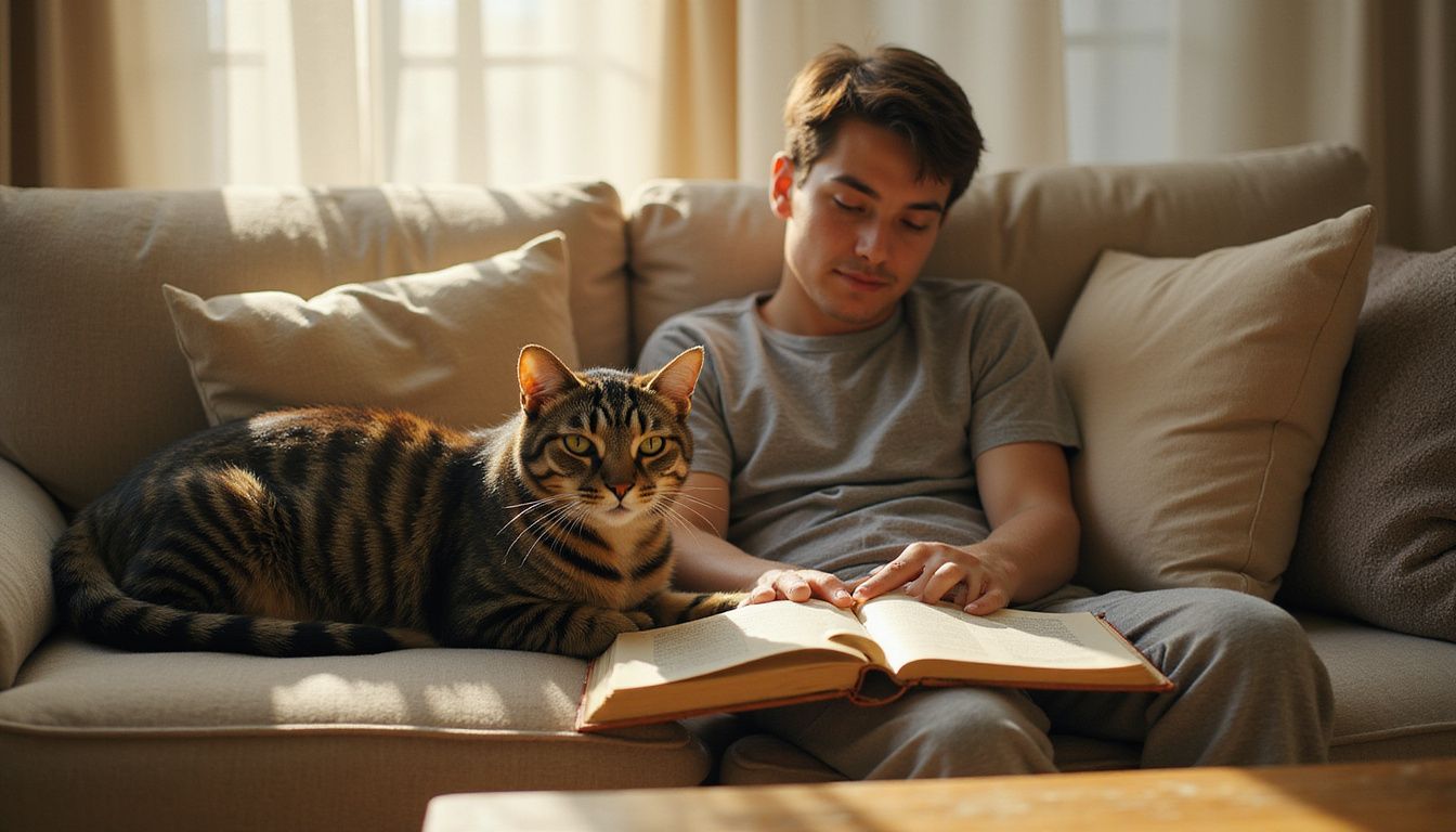 A relaxed cat lounges on a sofa while a young adult reads contentedly nearby. A relaxed cat lounges on a sofa while a young adult reads contentedly nearby.