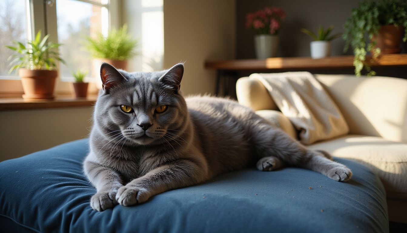 A blue-gray British Shorthair cat relaxes on a velvet cushion in a sunlit living room. A blue-gray British Shorthair cat relaxes on a velvet cushion in a sunlit living room.