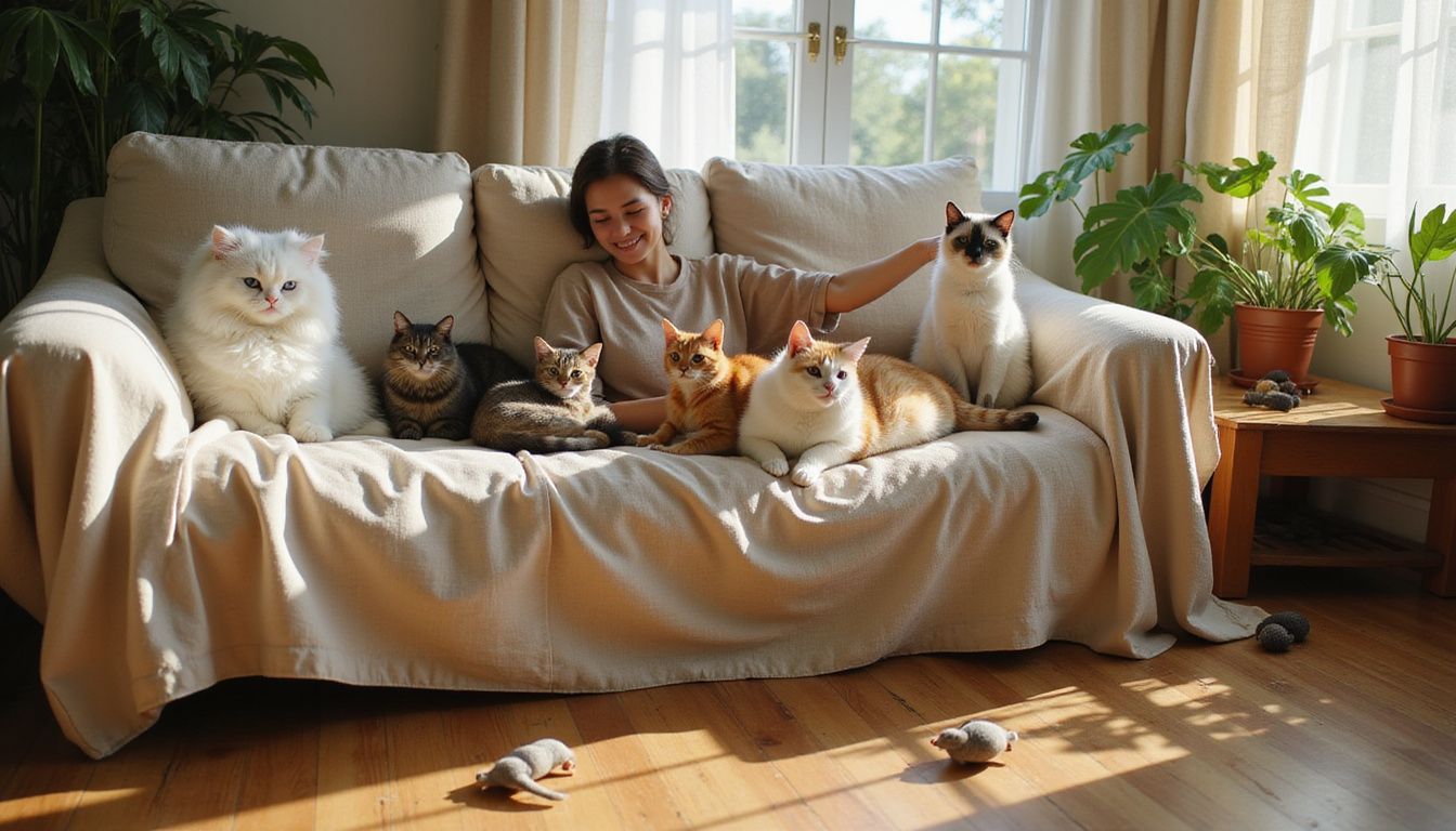 A person relaxes on a worn sofa surrounded by five cats, capturing a cozy, candid moment in a lived-in living room. A person relaxes on a worn sofa surrounded by five cats, capturing a cozy, candid moment in a lived-in living room.