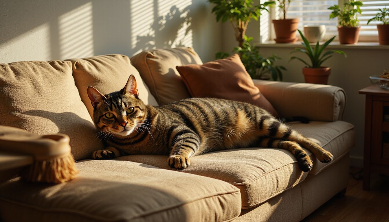 A relaxed tabby cat sprawls on a well-worn couch, surrounded by signs of everyday domestic life. A relaxed tabby cat sprawls on a well-worn couch, surrounded by signs of everyday domestic life.