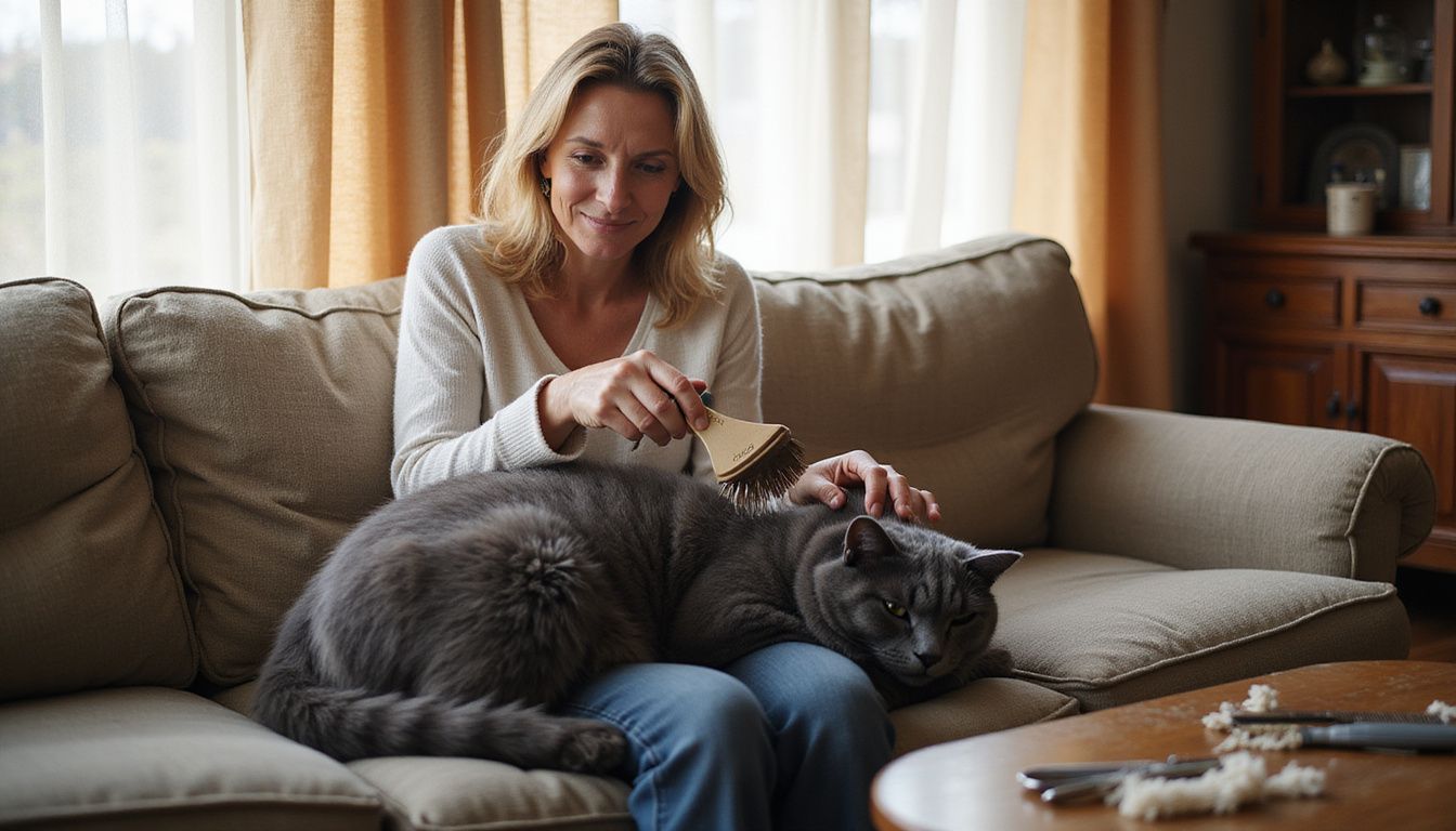 A woman contentedly brushes her British Shorthair cat while sitting comfortably on a worn couch in her living room. A woman contentedly brushes her British Shorthair cat while sitting comfortably on a worn couch in her living room.
