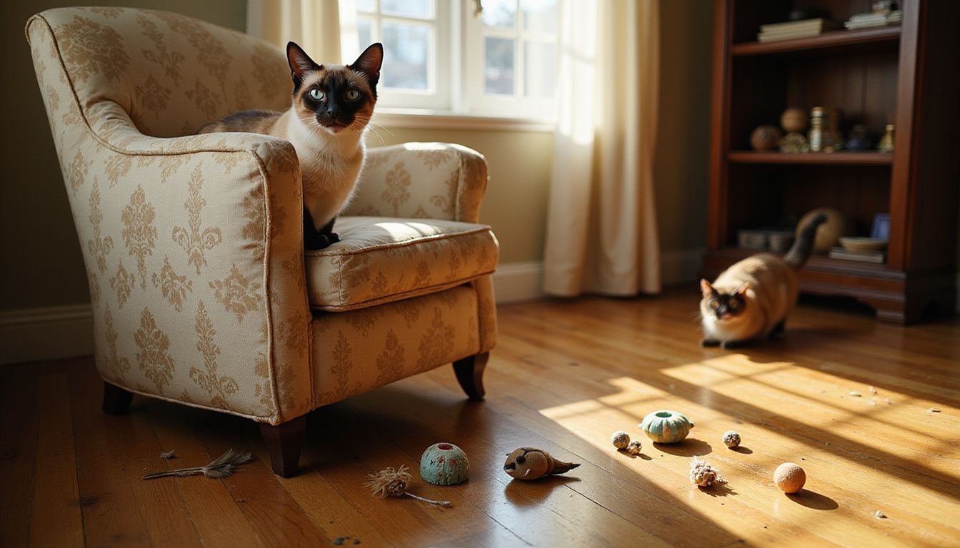 A cream and chocolate-pointed Siamese cat sits on a worn vintage armchair, observing its playful companion nearby. A cream and chocolate-pointed Siamese cat sits on a worn vintage armchair, observing its playful companion nearby.