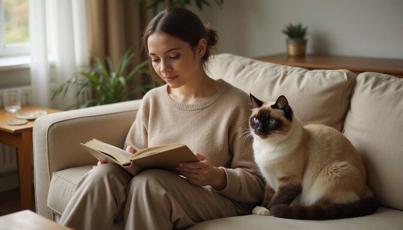 A woman reads on a sofa with her Ragdoll cat nestled by her side, capturing a cozy domestic moment. A woman reads on a sofa with her Ragdoll cat nestled by her side, capturing a cozy domestic moment.