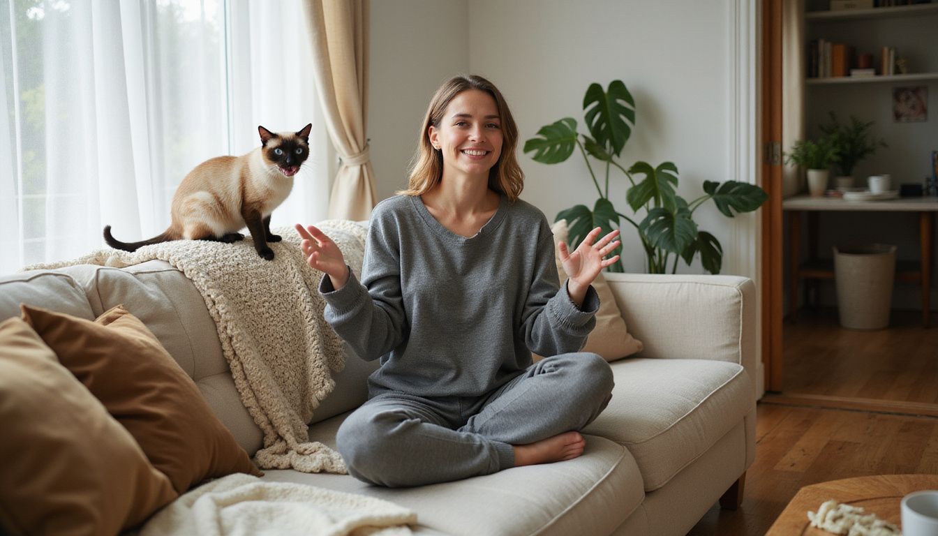 A young woman in cozy attire sits cross-legged on a couch with a meowing Siamese cat on her shoulder. A young woman in cozy attire sits cross-legged on a couch with a meowing Siamese cat on her shoulder.