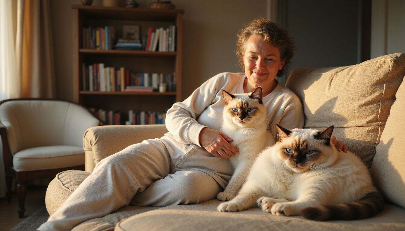 A Ragdoll cat lounges contentedly on a woman's lap, showcasing a peaceful moment of affection in a cozy living room. A Ragdoll cat lounges contentedly on a woman's lap, showcasing a peaceful moment of affection in a cozy living room.