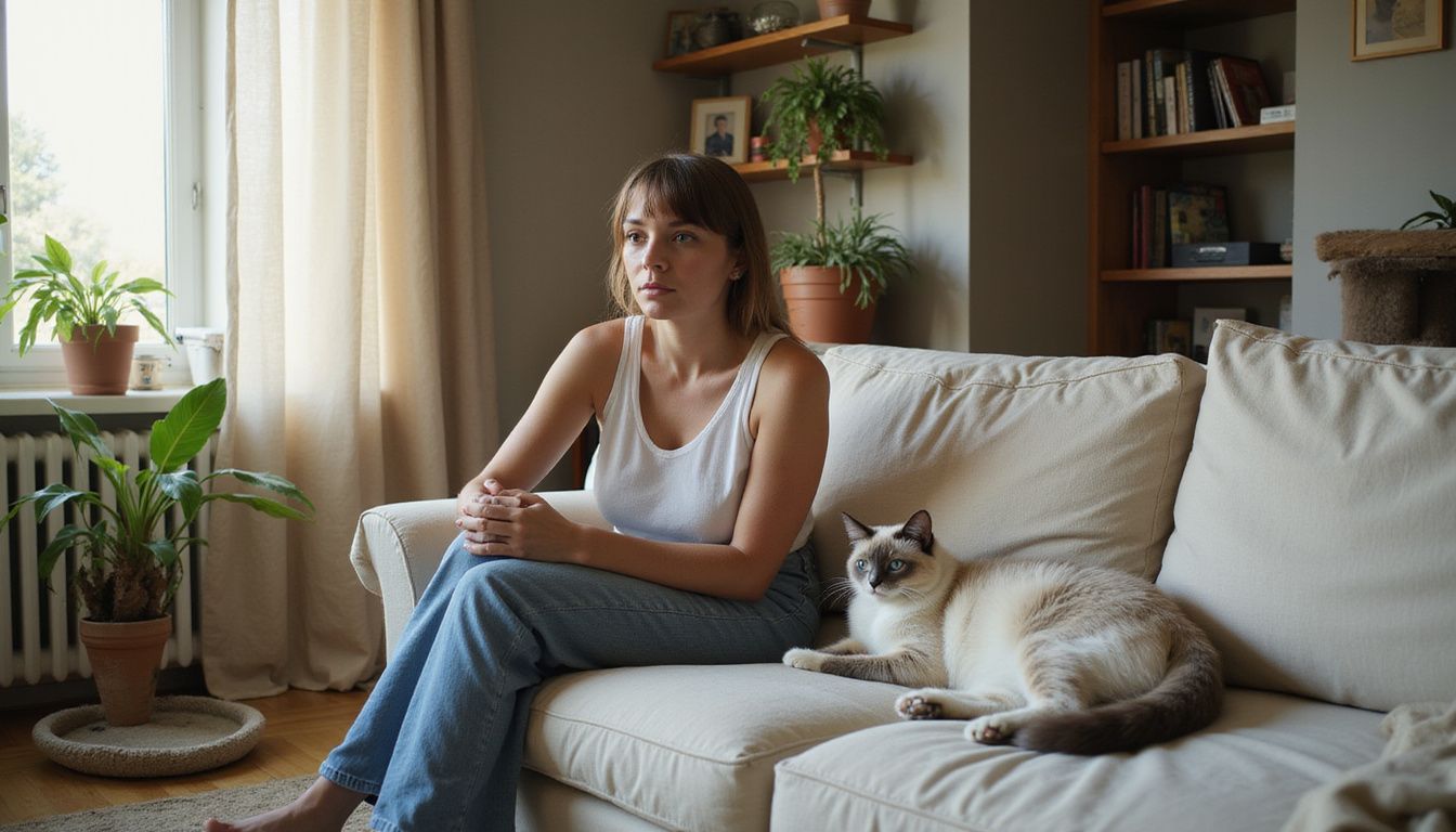 A woman relaxes on a sofa with her blue-pointed Ragdoll cat in a cozy living room. A woman relaxes on a sofa with her blue-pointed Ragdoll cat in a cozy living room.