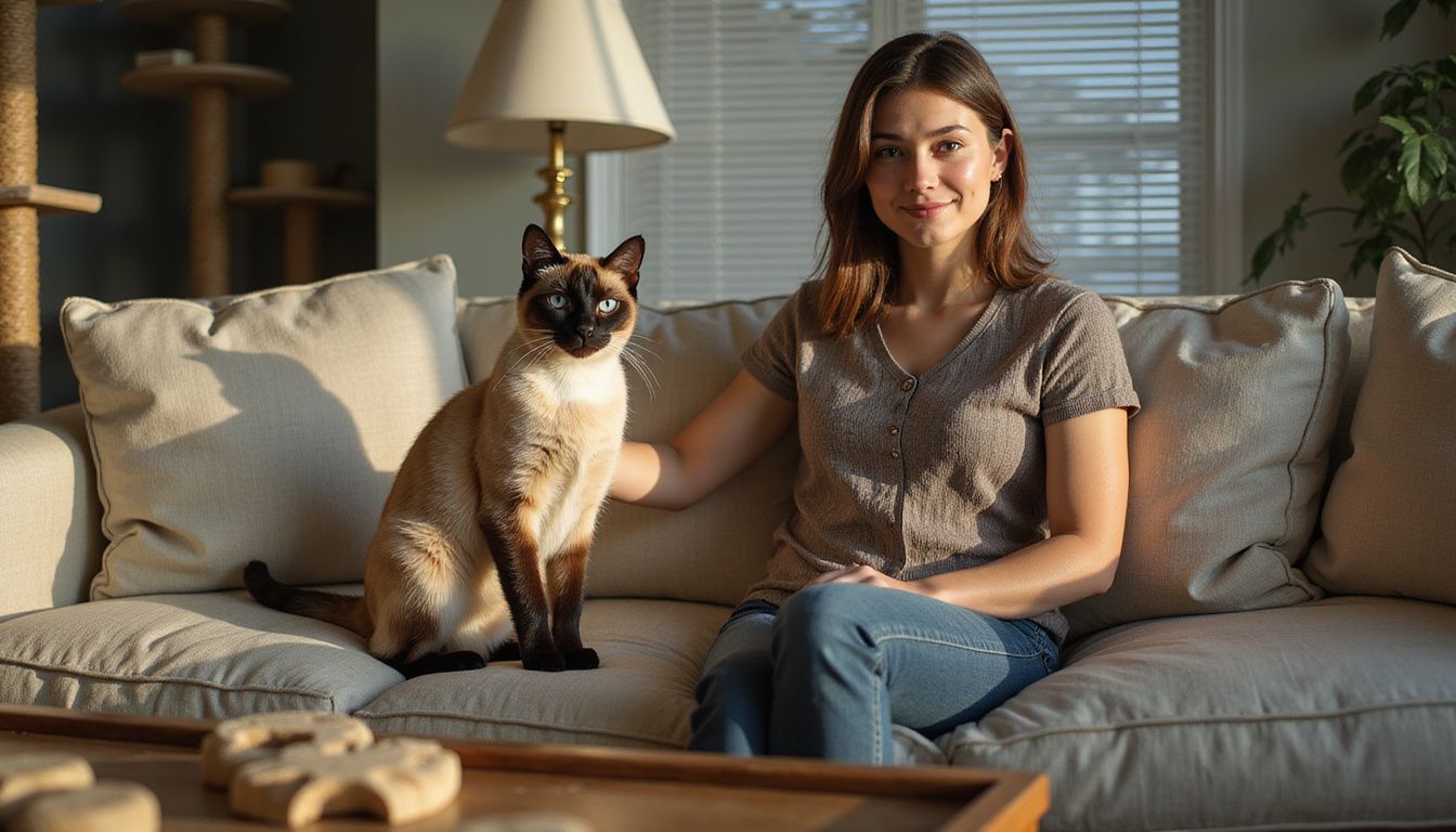 A young woman sits on a worn couch, affectionately interacting with a seal-point Siamese cat beside her. A young woman sits on a worn couch, affectionately interacting with a seal-point Siamese cat beside her.