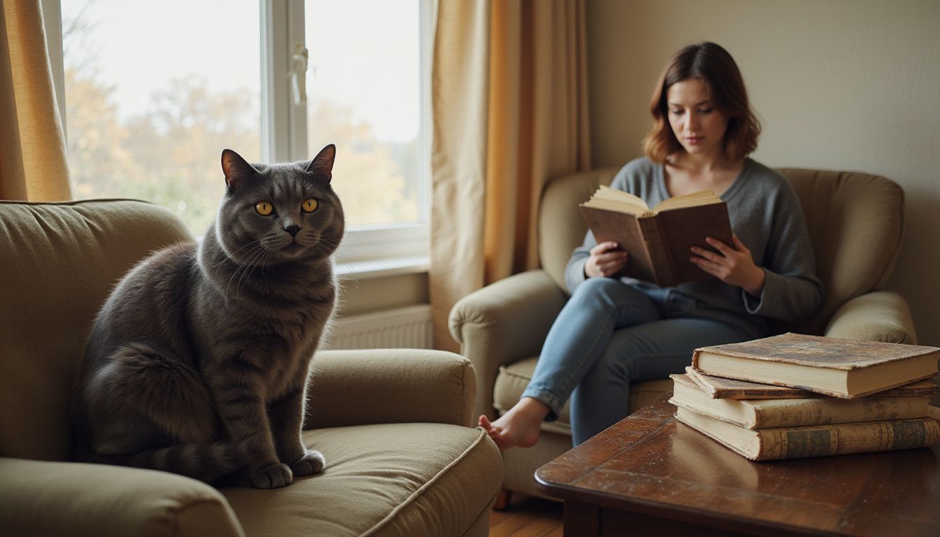 A serene gray British Shorthair cat sits on a well-worn velvet armchair while a woman reads nearby. A serene gray British Shorthair cat sits on a well-worn velvet armchair while a woman reads nearby.