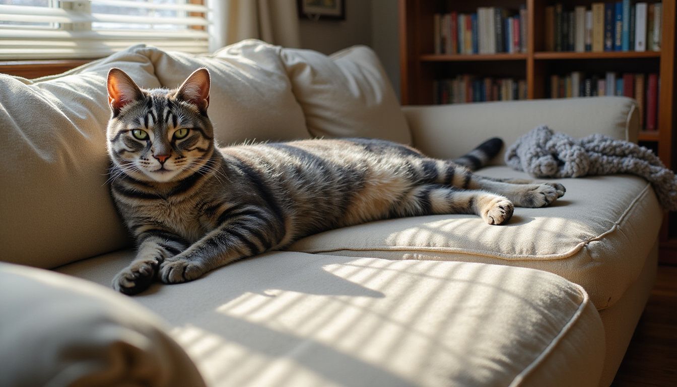 A relaxed tabby cat sprawls across a worn couch, surrounded by toys and cozy blankets in a lived-in living room. A relaxed tabby cat sprawls across a worn couch, surrounded by toys and cozy blankets in a lived-in living room.