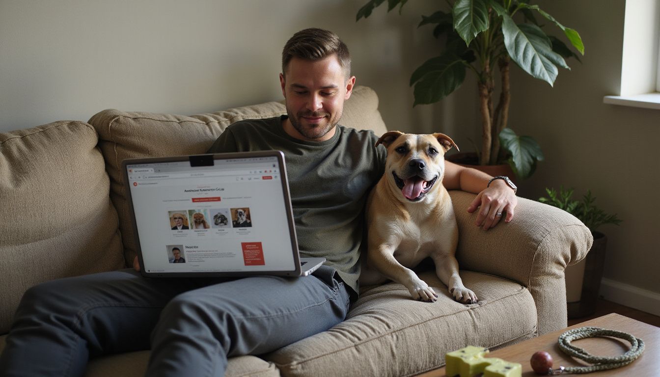 A relaxed man sits on a couch with a dog in his lap, browsing the American Kennel Club website. A relaxed man sits on a couch with a dog in his lap, browsing the American Kennel Club website.