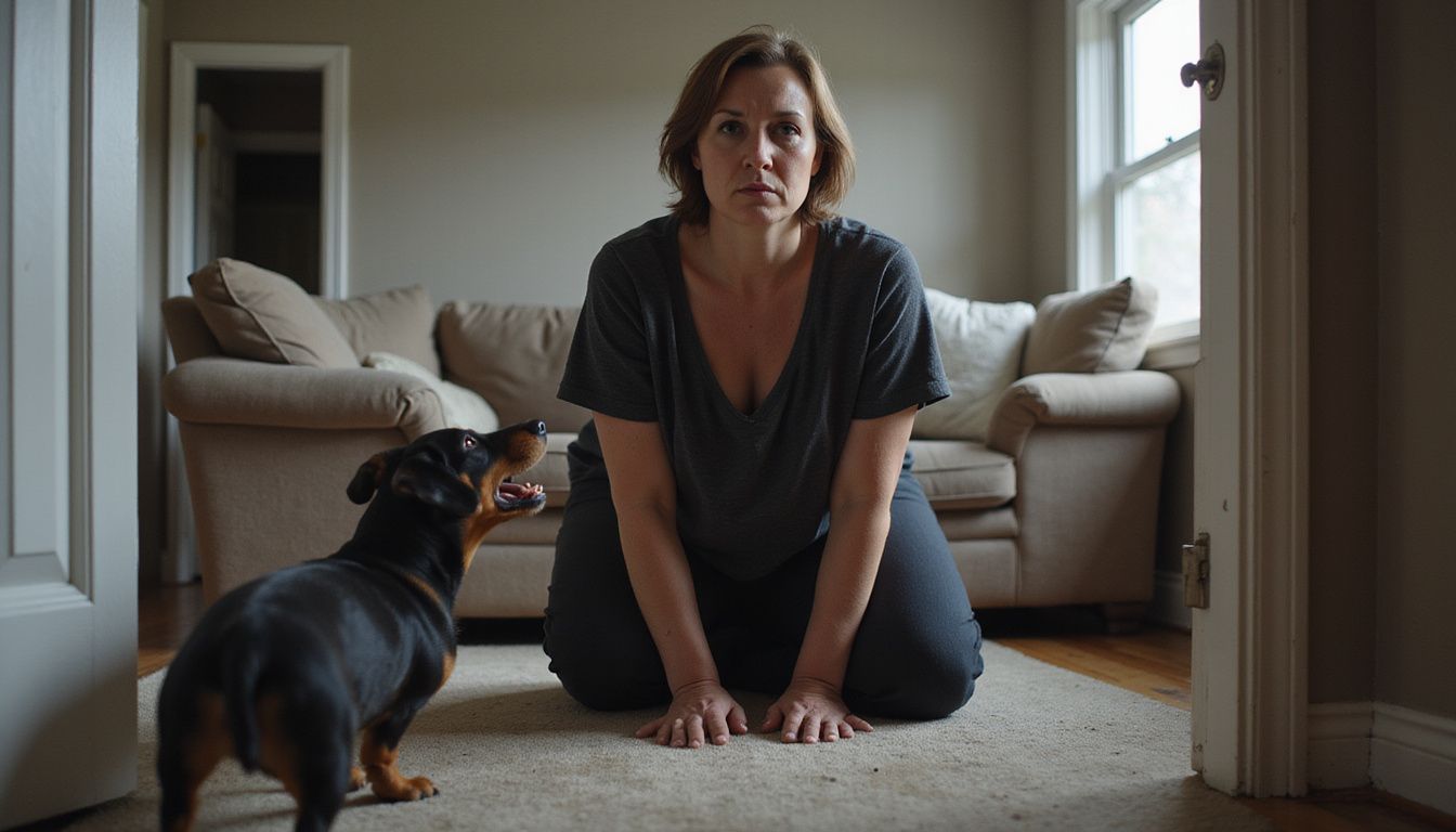 A frustrated middle-aged woman watches her barking Dachshund from her modest apartment, highlighting domestic tension in close quarters. A frustrated middle-aged woman watches her barking Dachshund from her modest apartment, highlighting domestic tension in close quarters.