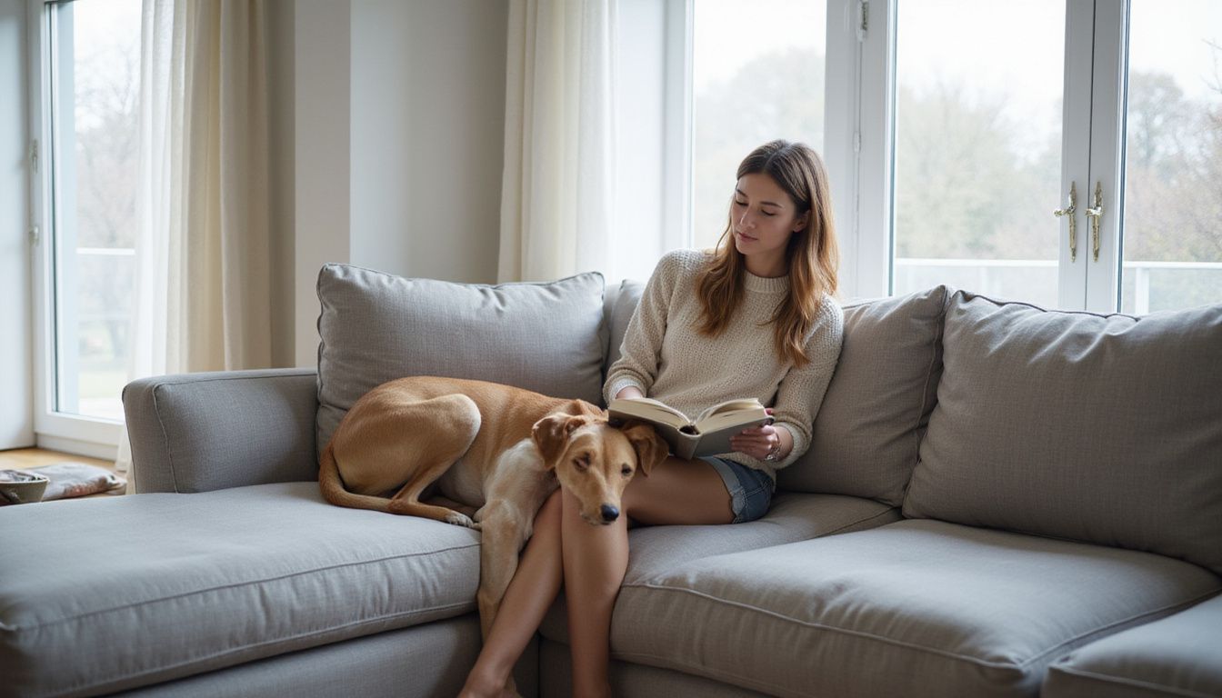 A relaxed fawn-greyhound lies on a gray sectional while a woman reads nearby in a minimalist living room. A relaxed fawn-greyhound lies on a gray sectional while a woman reads nearby in a minimalist living room.
