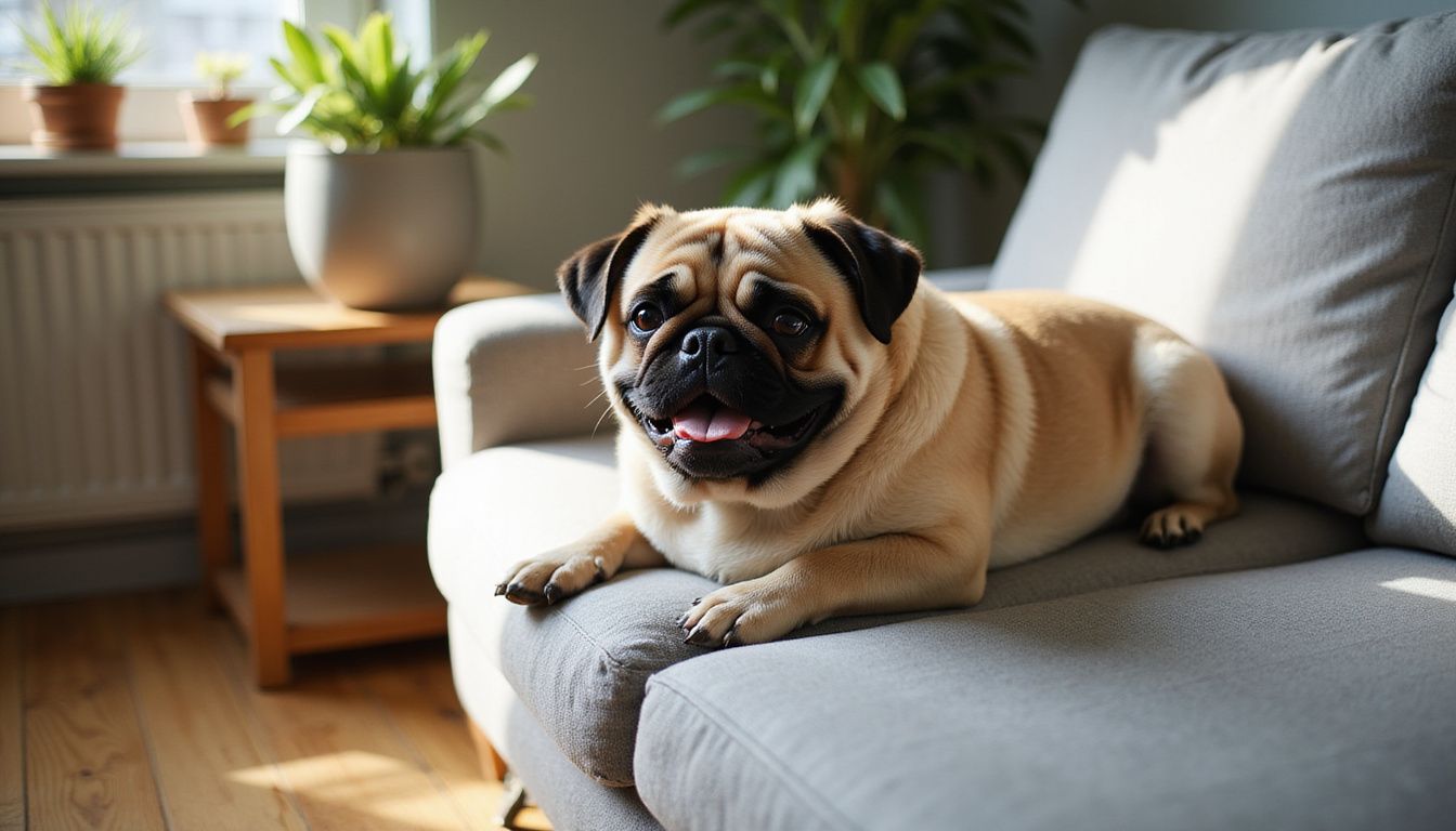 A relaxed fawn-colored pug lies on a gray couch, exuding contentment amidst a cozy, lived-in apartment setting. A relaxed fawn-colored pug lies on a gray couch, exuding contentment amidst a cozy, lived-in apartment setting.