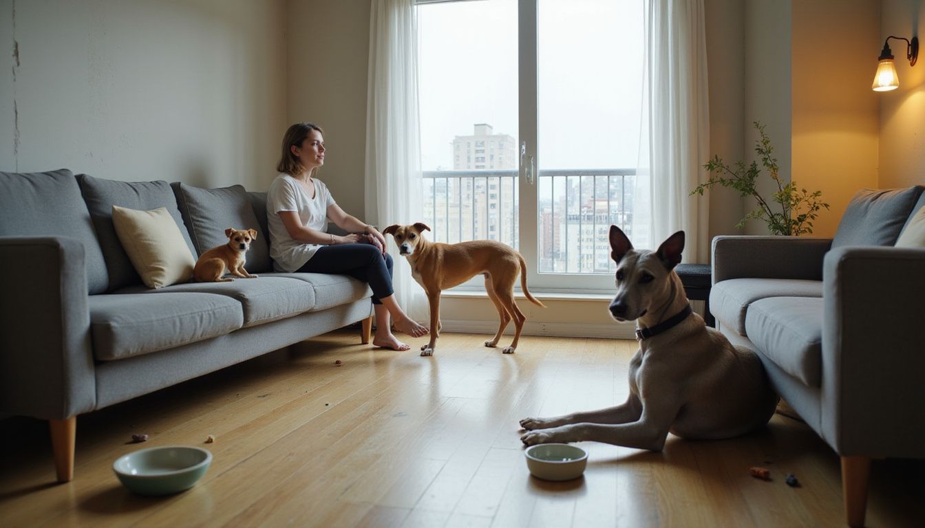 A relaxed woman observes her three dogs in a cozy, modest urban living room filled with pet-friendly decor. A relaxed woman observes her three dogs in a cozy, modest urban living room filled with pet-friendly decor.