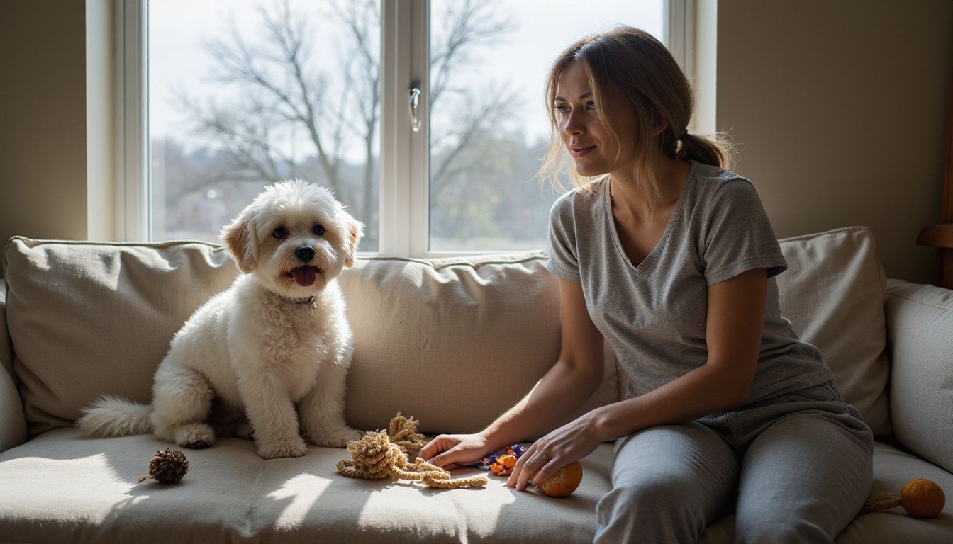 A woman engages with a playful Bichon Frise on a cozy, worn sofa surrounded by scattered toys. A woman engages with a playful Bichon Frise on a cozy, worn sofa surrounded by scattered toys.