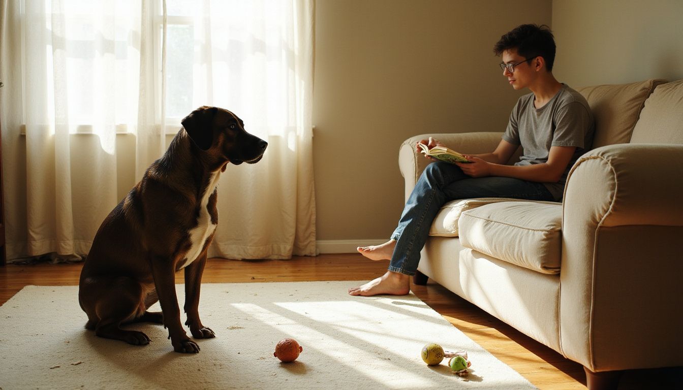 A relaxed medium-sized dog sits on a rug while a young adult reads on a nearby sofa in a cozy living room. A relaxed medium-sized dog sits on a rug while a young adult reads on a nearby sofa in a cozy living room.