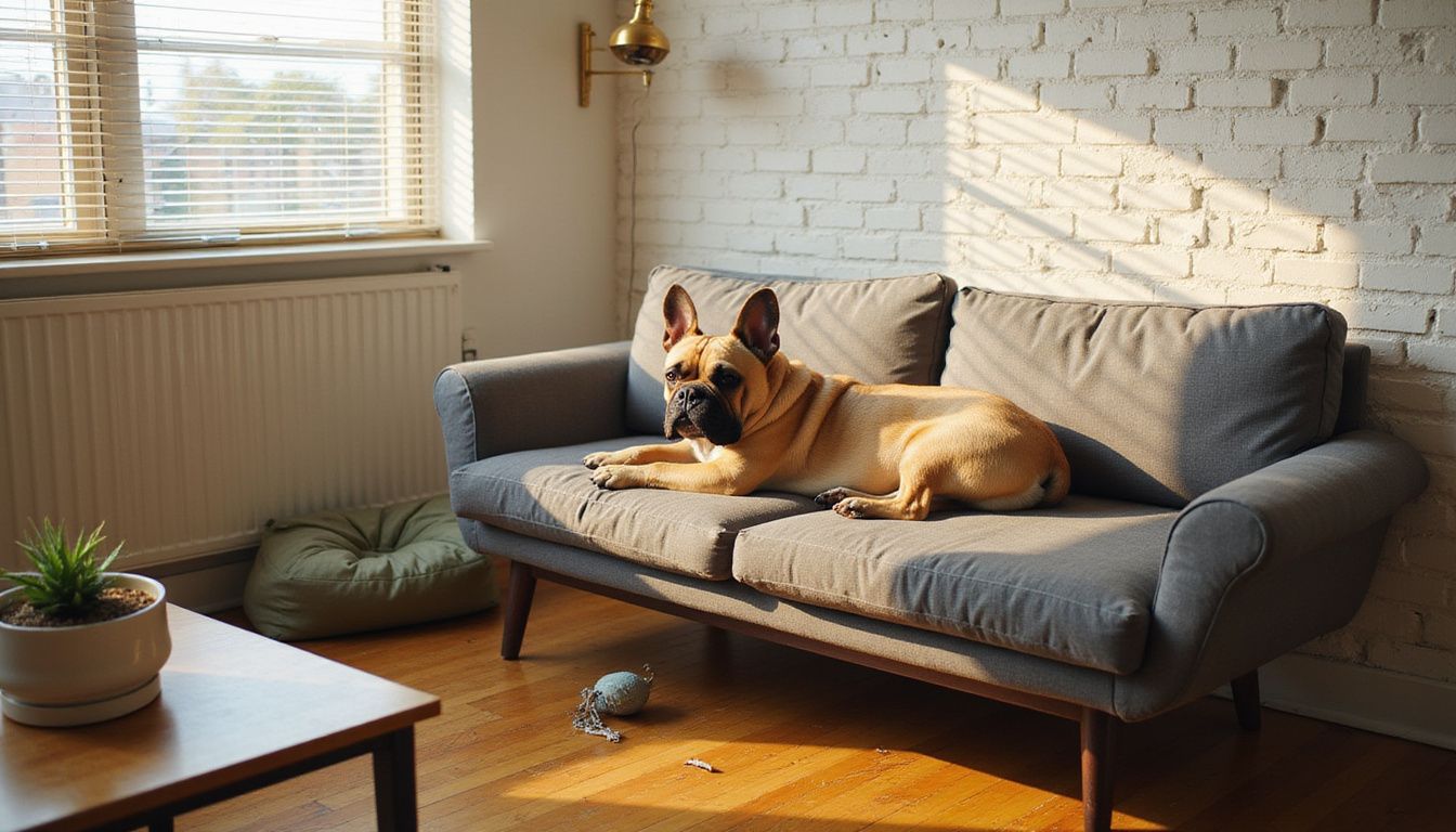 A cozy living room features a relaxed French Bulldog on a sofa, with minimalist decor and scattered dog toys. A cozy living room features a relaxed French Bulldog on a sofa, with minimalist decor and scattered dog toys.