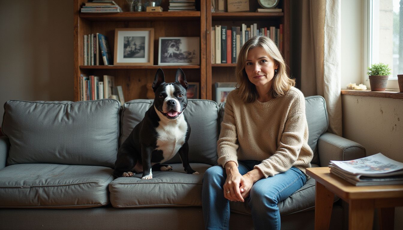 A relaxed Boston Terrier sits beside a woman in a cozy apartment, surrounded by books and personal items. A relaxed Boston Terrier sits beside a woman in a cozy apartment, surrounded by books and personal items.