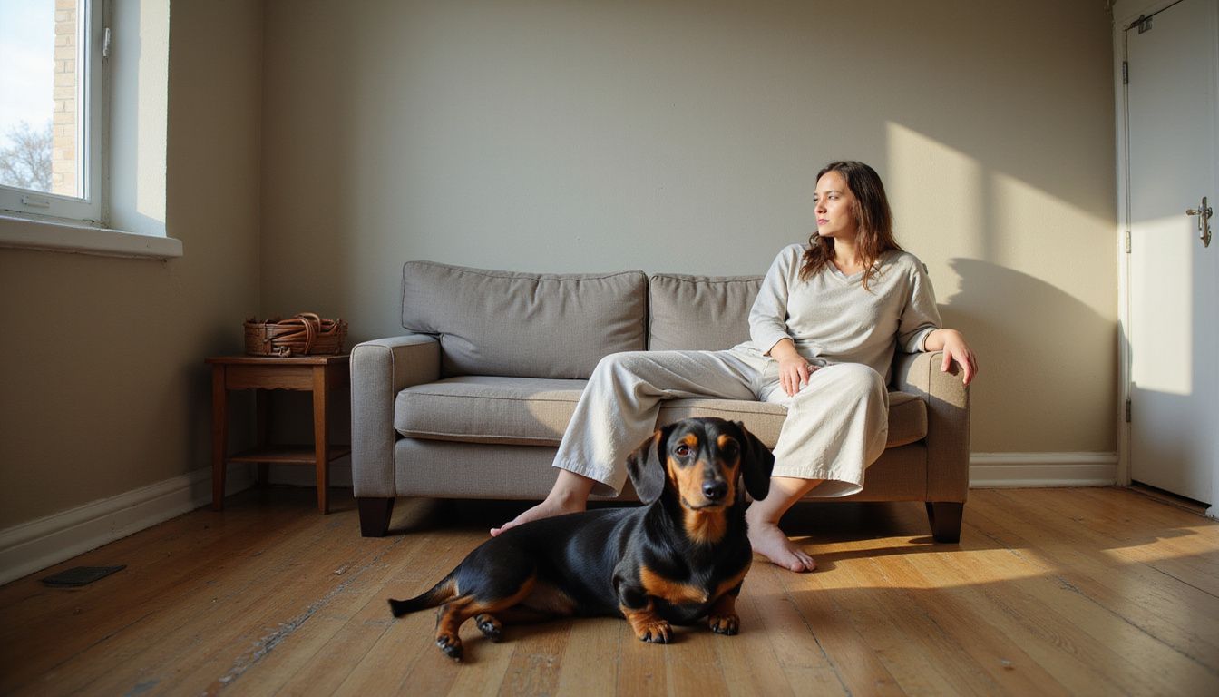 A relaxed adult in loungewear sits on a couch with a calm dachshund beside them in a modest apartment. A relaxed adult in loungewear sits on a couch with a calm dachshund beside them in a modest apartment.