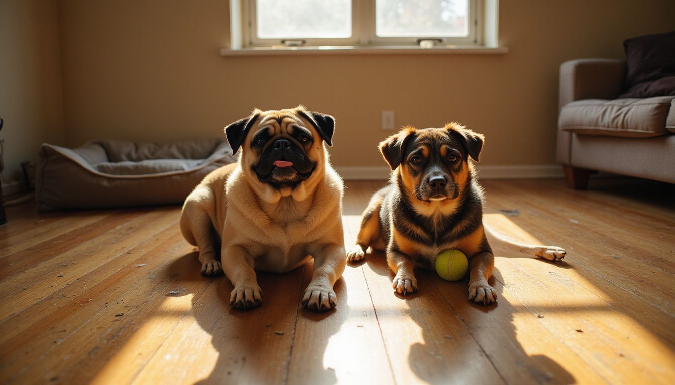 A relaxed Pug and an alert Miniature Australian Shepherd sit on a weathered hardwood floor in a cozy living room. A relaxed Pug and an alert Miniature Australian Shepherd sit on a weathered hardwood floor in a cozy living room.