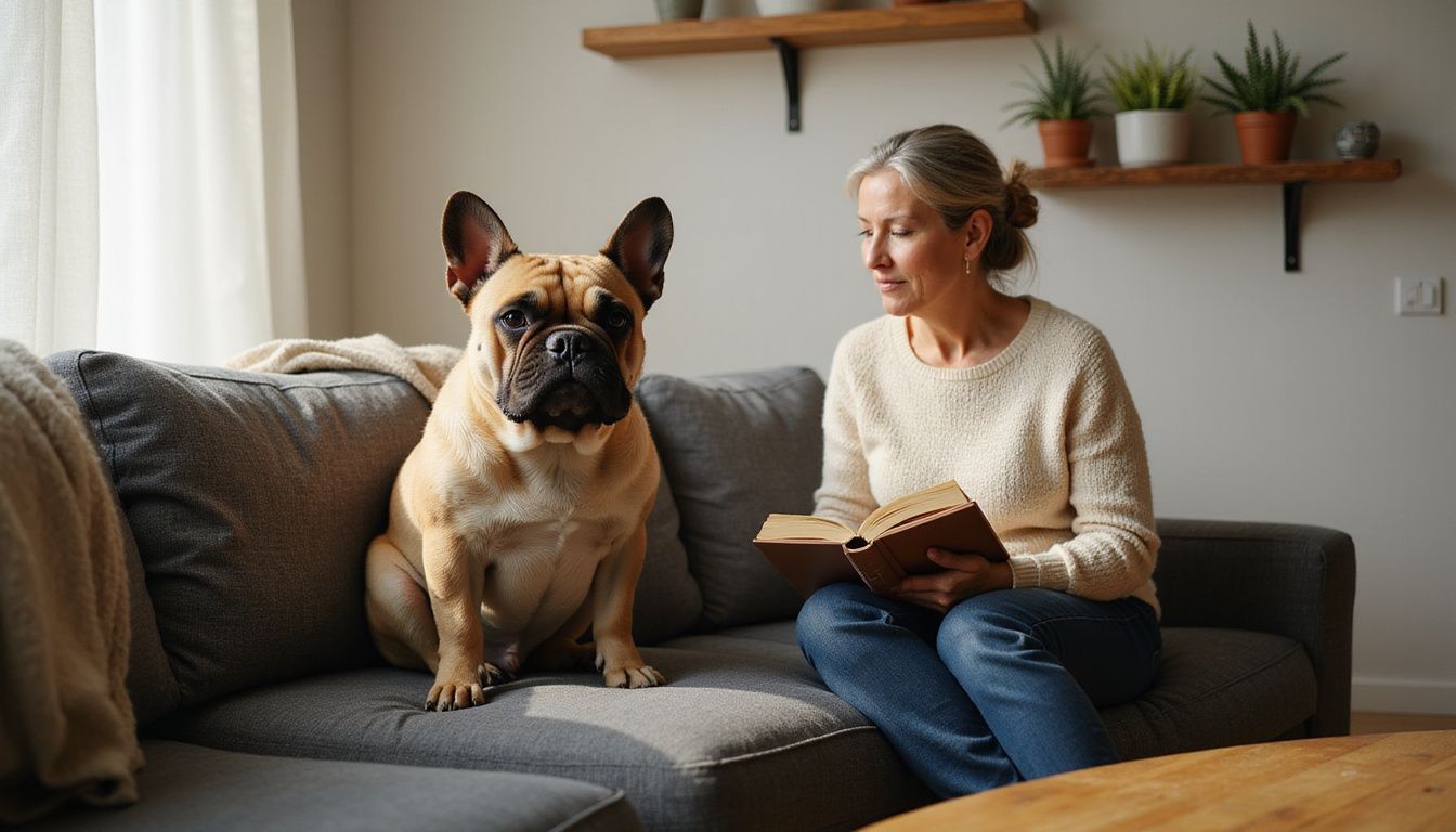 A fawn-colored French Bulldog sits beside a woman reading on a cozy gray couch in a modest apartment. A fawn-colored French Bulldog sits beside a woman reading on a cozy gray couch in a modest apartment.