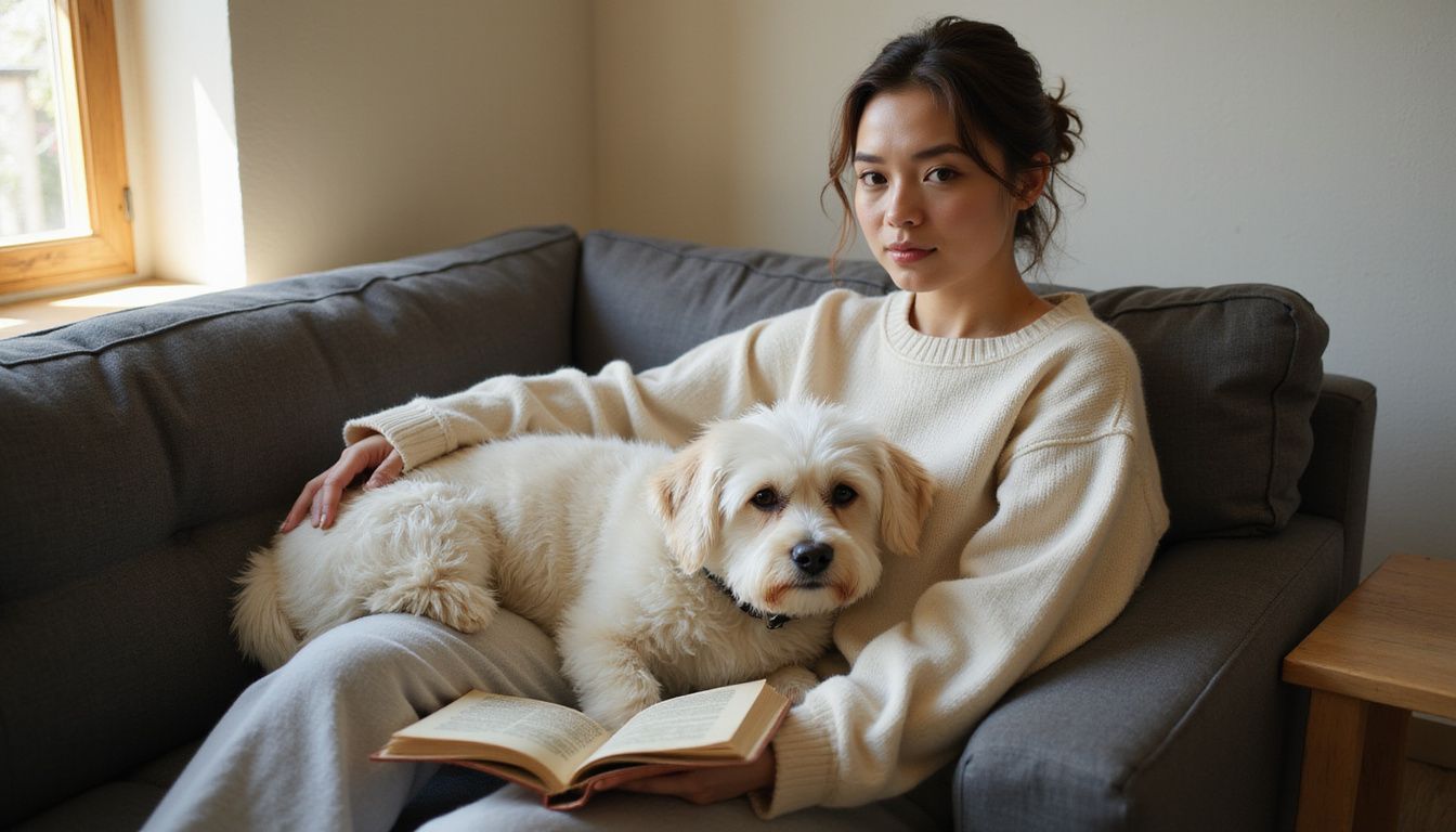 A woman relaxes on a sofa with a Maltese dog in her lap, reading an open book. A woman relaxes on a sofa with a Maltese dog in her lap, reading an open book.