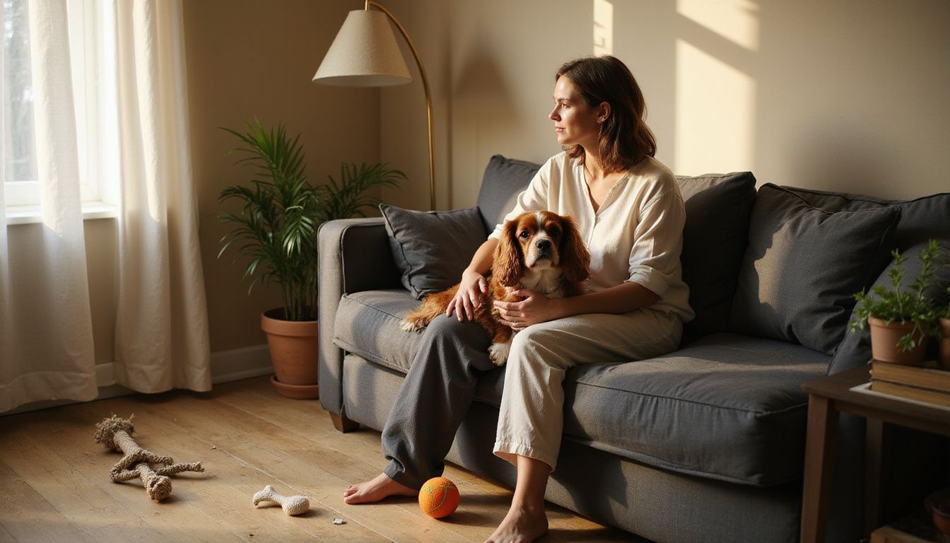 A relaxed woman sits on a couch with her Cavalier King Charles Spaniel, surrounded by cozy, lived-in apartment details. A relaxed woman sits on a couch with her Cavalier King Charles Spaniel, surrounded by cozy, lived-in apartment details.
