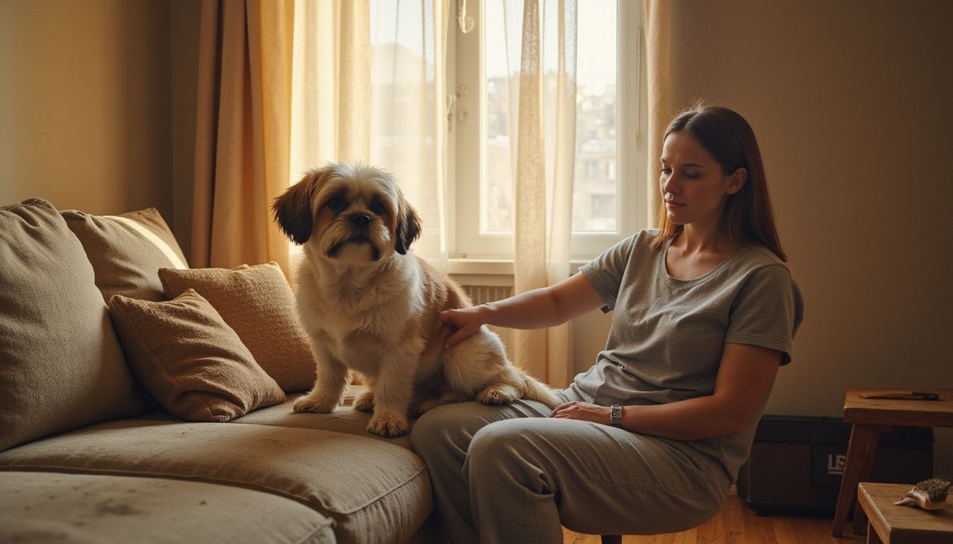 A Shih Tzu and a woman in loungewear share a tranquil moment on a worn sofa. A Shih Tzu and a woman in loungewear share a tranquil moment on a worn sofa.