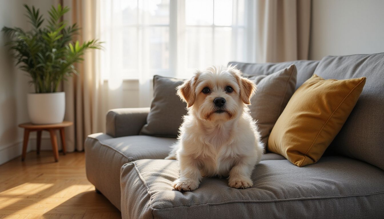 A relaxed Havanese dog with a soft cream and white coat sits on a textured gray couch surrounded by varied pillows. A relaxed Havanese dog with a soft cream and white coat sits on a textured gray couch surrounded by varied pillows.