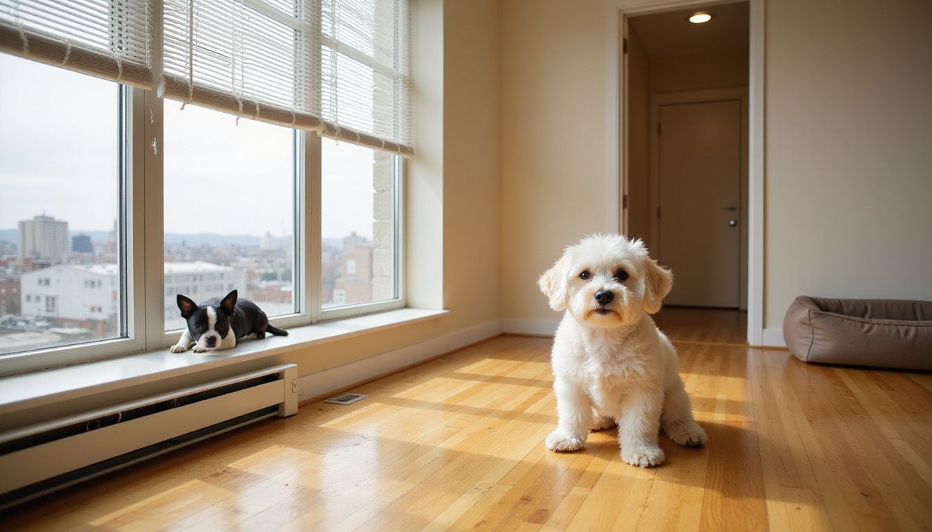 A fluffy Bichon Frise sits alertly on hardwood flooring beside a resting Boston Terrier in a minimalist apartment. A fluffy Bichon Frise sits alertly on hardwood flooring beside a resting Boston Terrier in a minimalist apartment.