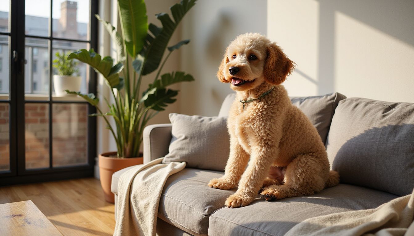 A groomed poodle mix relaxes on a gray sofa in a stylish, minimalist studio apartment.