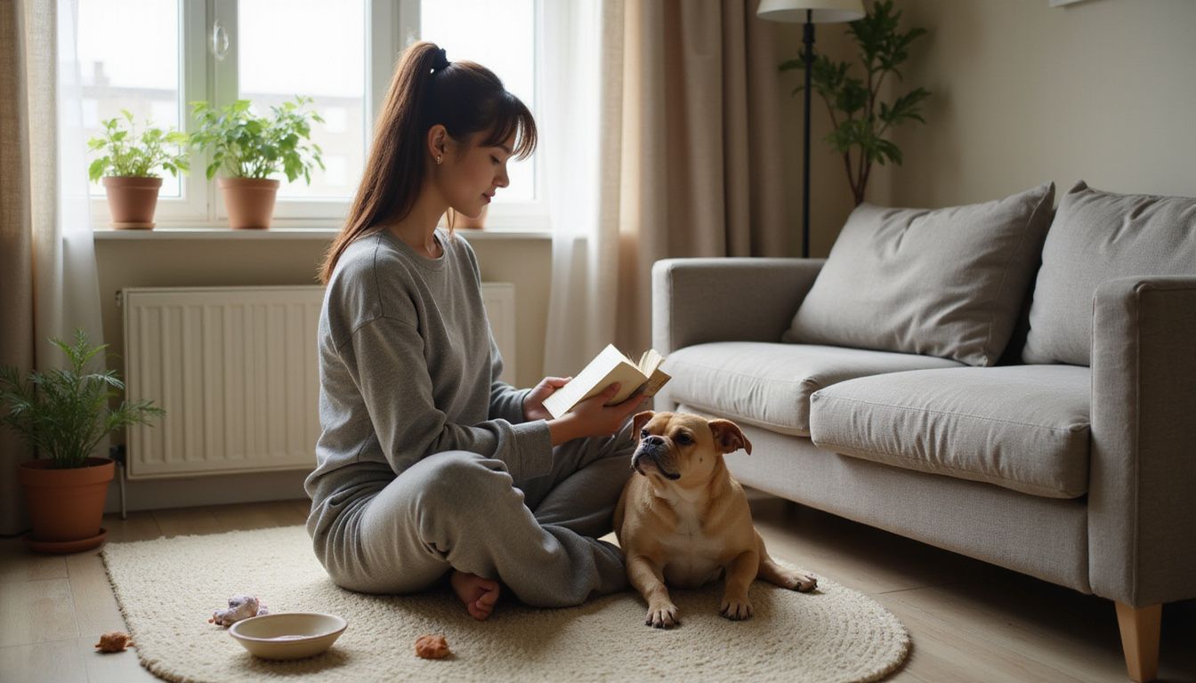 A young woman relaxes on a rug with her French Bulldog, reading a well-worn paperback in a cozy studio apartment.