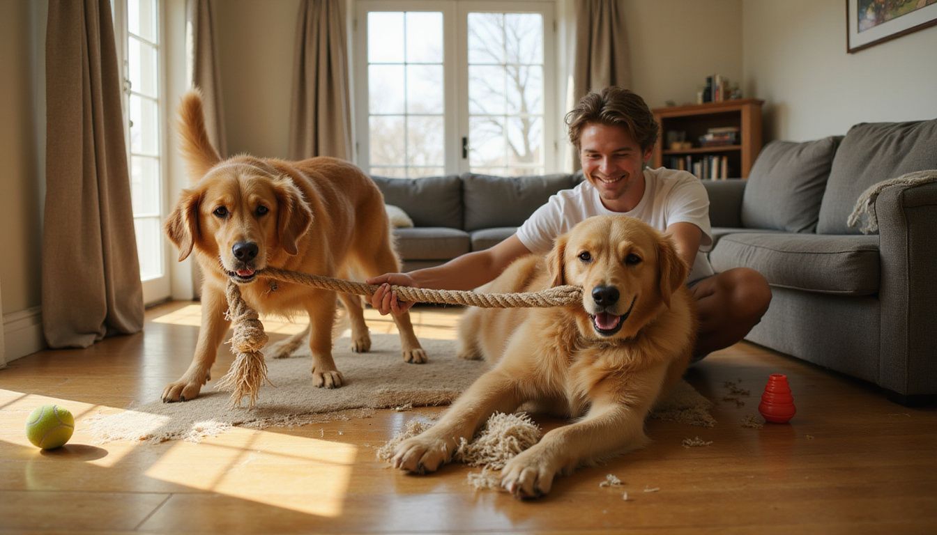 A golden retriever joyfully plays tug-of-war with its owner in a cozy apartment living room.