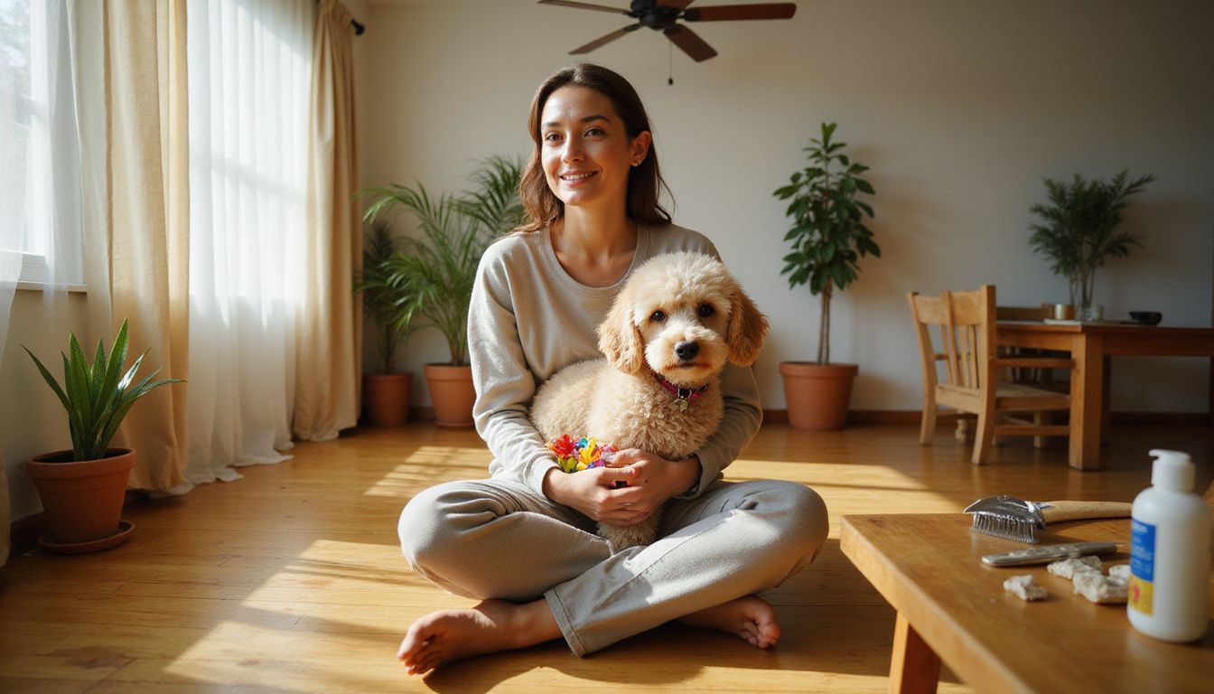 A woman sits relaxed on hardwood flooring with a Toy Poodle, surrounded by a cozy, modest studio apartment.