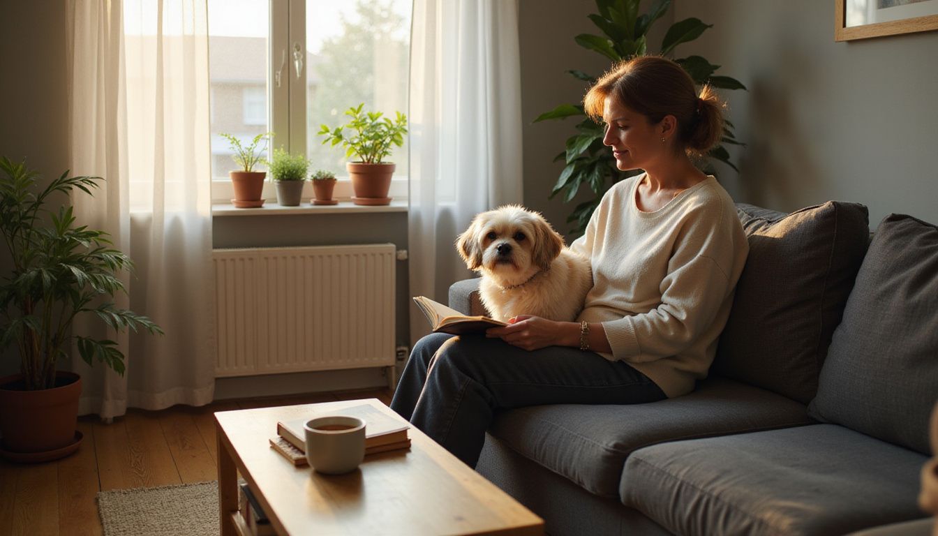 A woman sits with her Havanese dog on a cozy couch, reading a book in a warm, inviting apartment.