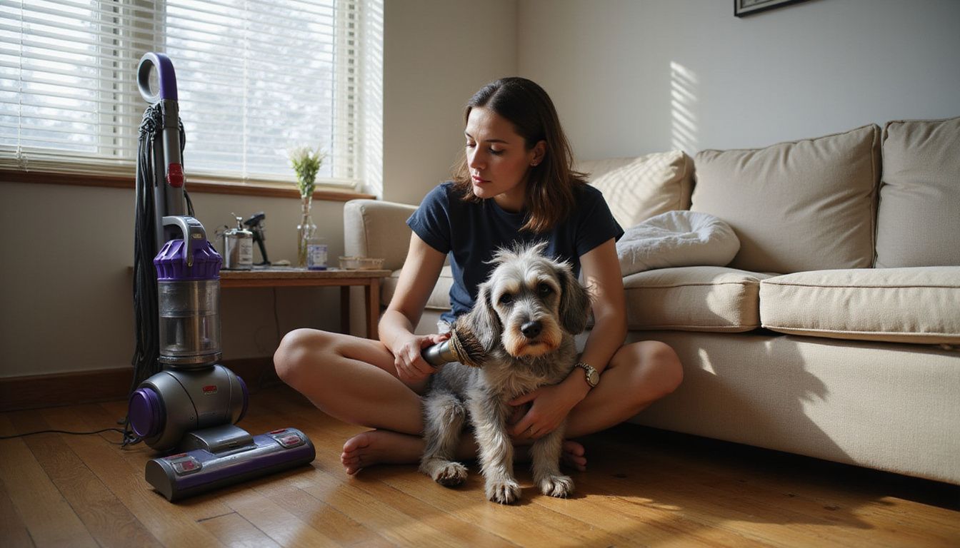 A person grooms a Miniature Schnauzer on hardwood floor in a cozy, lived-in apartment filled with pet care items.